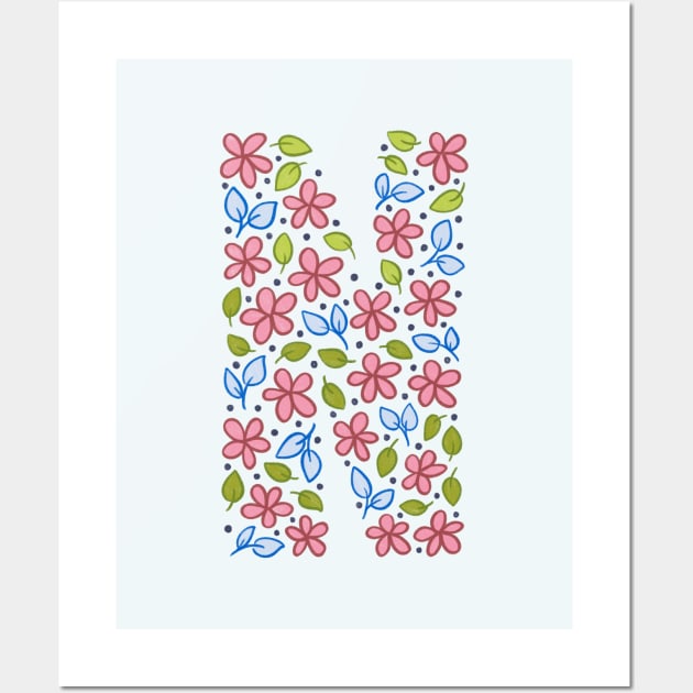 Floral Monogram Letter N - pink and blue Wall Art by SRSigs